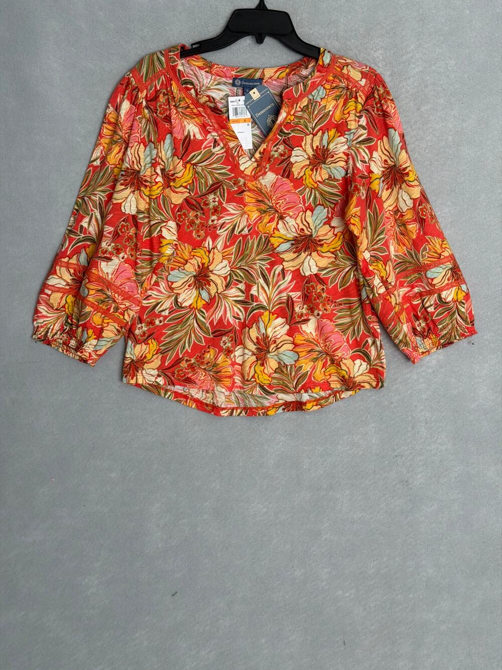 Democracy Blouson Sleeve Top Mandarin Collar Coral Floral Women's Small NEW